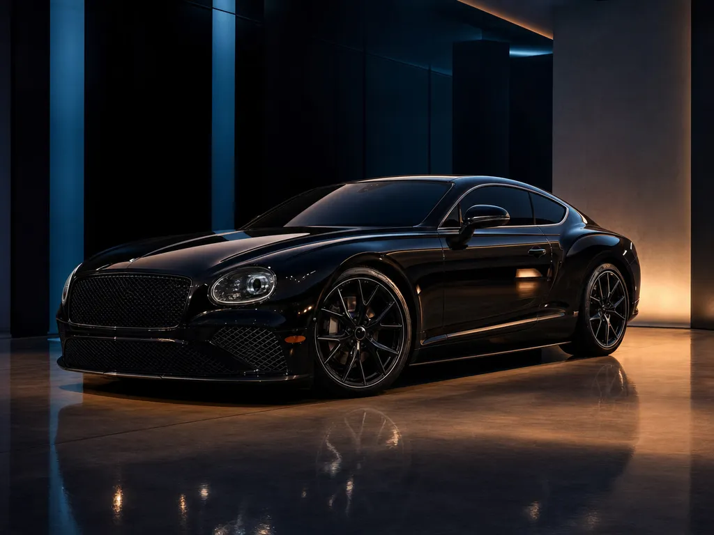 Coupe mewah hitam dengan kaca film premium, pencahayaan studio
