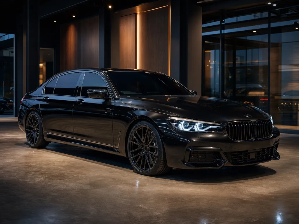 Sedan hitam dengan kaca film premium terpasang di showroom Folka