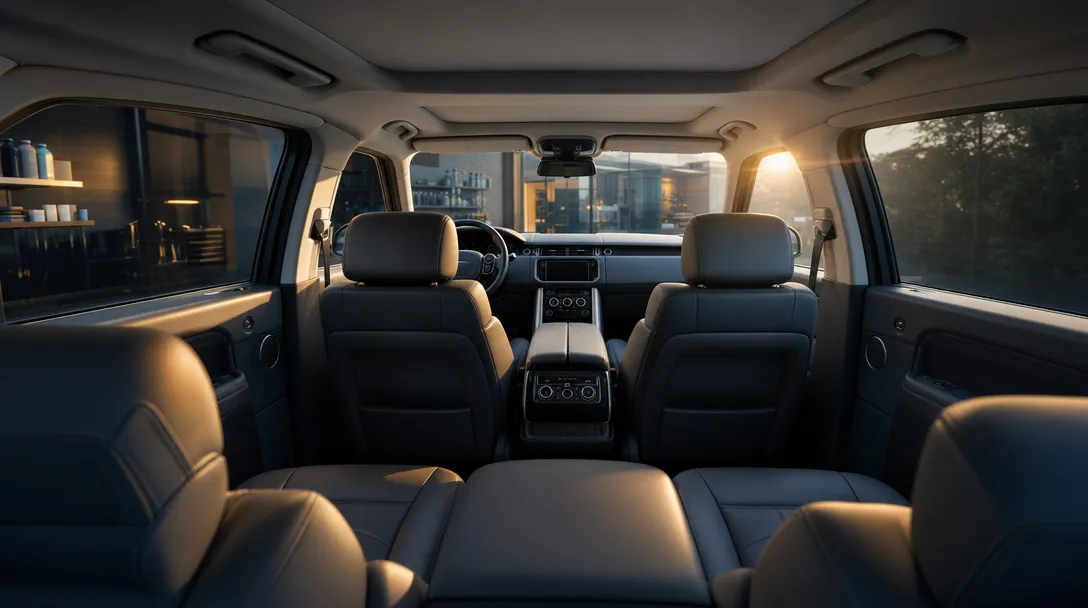 Interior kabin SUV premium dengan kaca film terpasang rapi, cahaya hangat menembus kaca