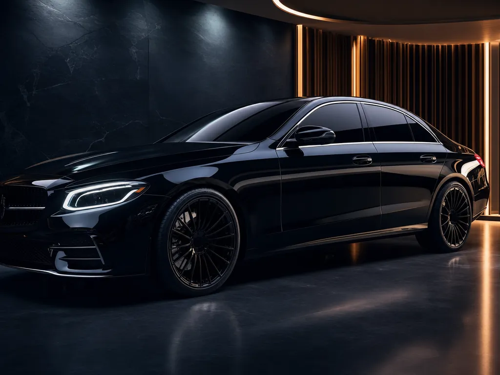 Mobil mewah hitam dengan kaca film premium di showroom elegan